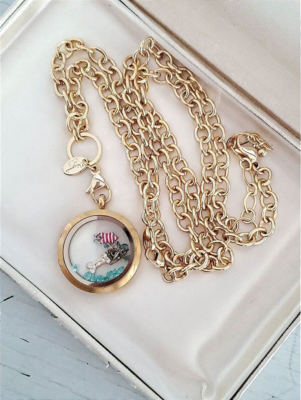 Vintage Origami Owl Gold Hinged Living Locket Necklace with Nautical Charms